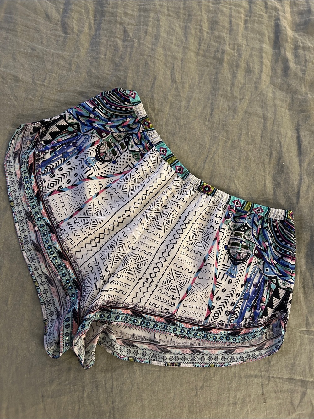 Crystal Embellished Silk Curved Hem Lounge Short in archival Maasai Mosh pattern
